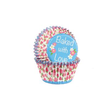 ROSE PRINT BAKED WITH LOVE CUPCAKE CASES 50MM